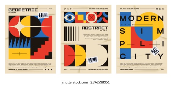 Three mid century bauhaus style inspired poster templates. Abstract geometric shapes on a grid with bold typography. Vintage look. Vector EPS10.