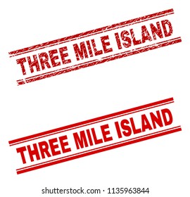 THREE MILE ISLAND stamp seal watermark with distress and clean styles. Red vector rubber print of THREE MILE ISLAND tag with unclean texture. Text tag is placed between double parallel lines.