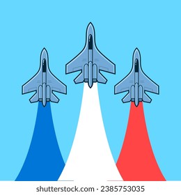 Three military fighter jets with flag colored trails (blue, red and white). Air force show, vector illustration.