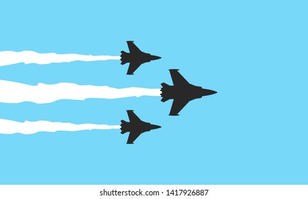 Three military fighters symbols on blue background. Jets show vector illustration