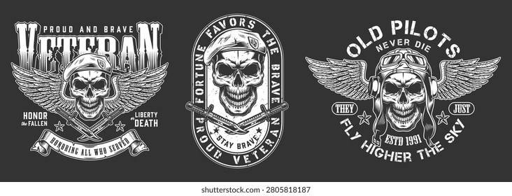Three military logos are displayed featuring skull designs and text about bravery and honor. The designs focus on veterans and their contributions to service and liberty.