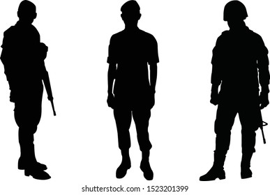 Three military silhouettes vector black Style.