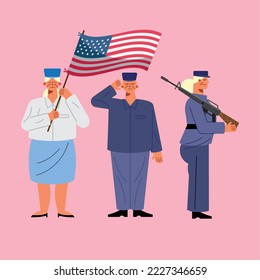 tres veteranos militares con bandera