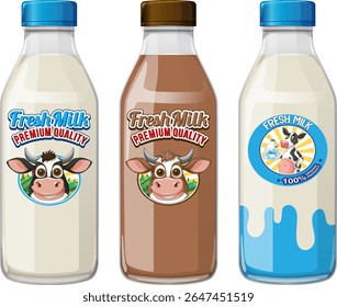 Three milk bottles with playful cow labels, showcasing vibrant colors and a clean vector style
