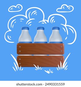 Three milk bottles with wood box in realistic 3d style with hand drawn silhouette grass and clouds. Minimalistic modern collage. Vector illustration.