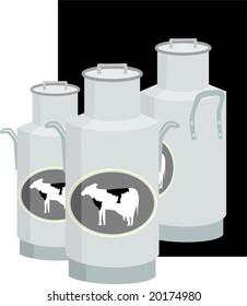 three milk can with a black back ground		