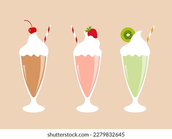 Three milkshakes - strawberry, cherry, kiwi, vector icons for decorating cafes, kiosks, menus, etc.