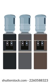 Three mineral water dispensers with different level of water in them isolated on empty white background