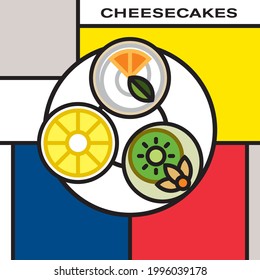 Three mini fruit cheesecakes on saucer. Pineapple cheesecake. Orange mint cheesecake with whipped cream. Kiwi cheesecake with physalis. Modern style art with rectangular color blocks.