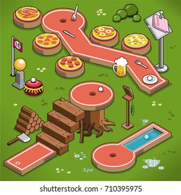 Three Mini Golf Lanes In Isometric View, Including Pizza Theme, Wooden Stairs And Pool Lane (vector Illustration)