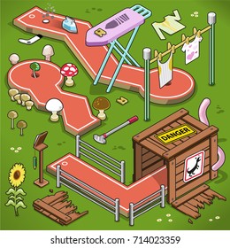 Three mini golf lanes in isometric view, including mushroom theme, wooden box with dangerous animal and ironing board with flat iron and clothes line (vector illustration)