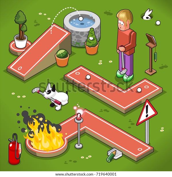 Three mini golf lanes in isometric view,\
including ramp with well, hellfire, nonsense lane and confused man\
holding golf club (vector\
illustration)