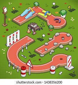 Three mini golf lanes with pebble obstacles, traffic signs, ramps and bridges (isometric vector illustration)