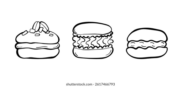 Three mini macarons in different shapes. Sweet pastry. Cute minimalist doodle vector with black outline. Great for dessert packaging, cafe menus, and sweet branding.