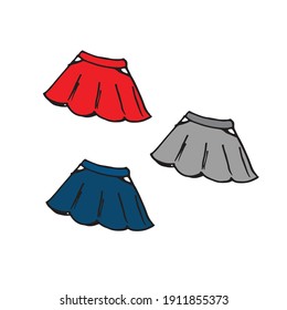 three of mini skirt vector illustration on white background. red, blue and grey color. tutu skirt, beauty fashion for girl. hand drawn vector. doodle for logo, sticker, clipart, poster, banner.