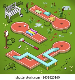 Three minigolf areas with various obstacles like ramps, tubes and raised lane (vector illustration, isometric style)