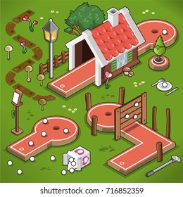 Three mini-golf lanes in isometric view, including house tunnel, mini lane and wooden fence obstacle; garden decoration with mushrooms and flowers (vector illustration)