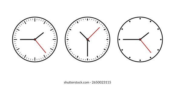 Three minimal clock faces with second hand. Time countdown concept. White round minute and hour dial. Deadline and timer.