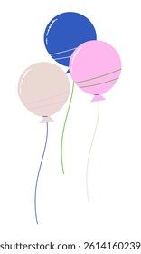 Three minimal colorful balloons with strings. Great for birthday party designs, greeting cards, festive posters, and celebration visuals
