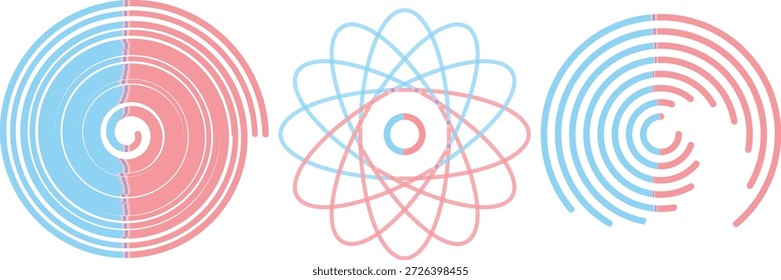 Three minimal geometric line art icons in pale pink: a concentric spiral, an atomic orbital structure, and a segmented circle pattern. Ideal for abstract vector design elements.