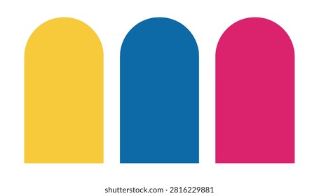 Three minimalist arch portals in bright yellow, blue, and pink colors standing side by side on a plain white background.