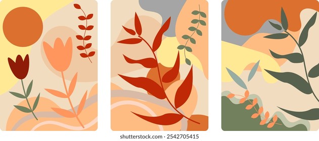 Three minimalist artworks featuring stylized plants and organic shapes Each piece is a harmonious blend of muted browns soft yellows and pops of vibrant red