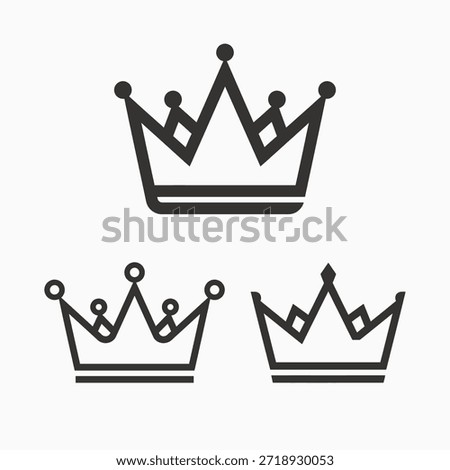 Three minimalist black outline crowns are depicted on a clean white background, showcasing various royal and regal designs suitable for emblems or icons.