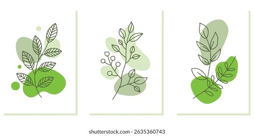 Three minimalist botanical prints. Delicate line art of leaves and branches paired with green watercolor shapes create a fresh, modern, and calming aesthetic.