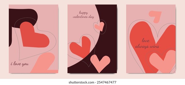 Tres tarjetas minimalistas de San Valentín con Formas abstractas de corazón, con texto que dice Te amo, feliz día de San Valentín, y el amor siempre gana.