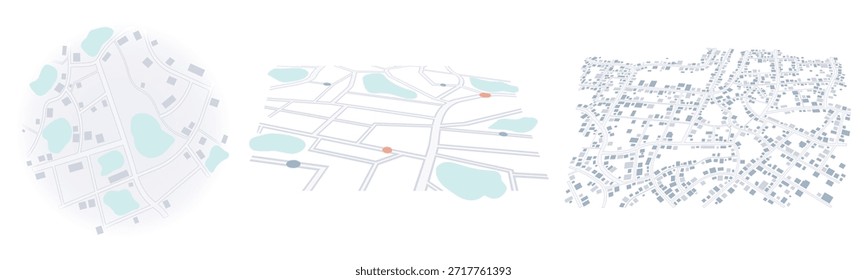 Três estilos de mapa da cidade minimalista mostrando bairros com parques e layouts de ruas. Ilustração vetorial.