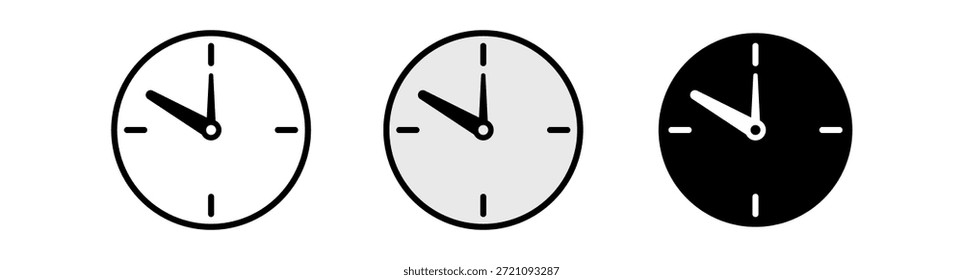 Três ícones de relógio minimalista em branco, cinza e preto, exibindo diferentes estilos para representação de tempo.
