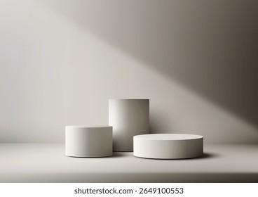 Three minimalist cylindrical pedestals placed on a light surface with a soft shadow on a neutral wall, perfect for product presentation, branding mockups, and showroom display scenes