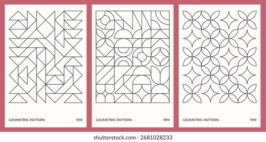 Three of minimalist geometric posters. Abstract retro y2k style art with simple shapes in black. Modern graphic, decorative square elements for New Year, Xmas background. Vector EPS10