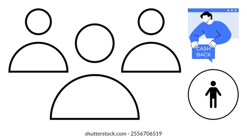 Three minimalist human icons represent a team. Nearby is a graphic of a person holding a cashback sign and an individual icon in a circle. Ideal for teamwork, cashback, online shopping, finance