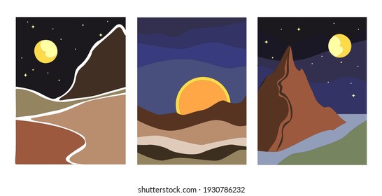 Three minimalist landscapes at night vector eps10 collection