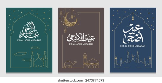 Three minimalist line art style of posters with calligraphy that have meaning "Eid al-Adha". Eid al-Adha is Muslims celebration to commemorate both Abraham's Devotion and the survival of his Son