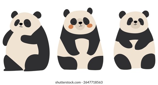 Three minimalist panda vectors in soft cream and charcoal tones with rosy cheeks and relaxed poses. Perfect for nursery decor, children’s books, greeting cards, web graphics, and playful branding.