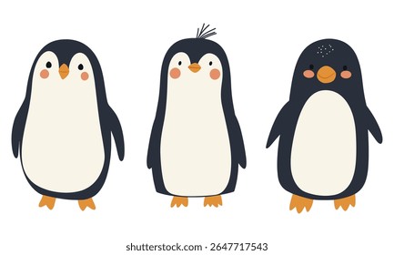 Três minimalistas pinguins vetores com bochechas rosadas em tons de azul marinho, creme e laranja. Design encantador e divertido ideal para decoração infantil, cartões de férias, marca de inverno e gráficos da web.