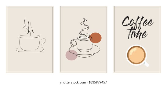 Three minimalist posters coffee time , wall decor, flat design,poster design-vector