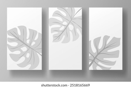 Three minimalist posters featuring gray monstera leaf designs on a white background with a subtle gray backdrop. Perfect for social media posts, stories, or business presentations. Vector illustration