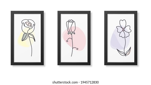 Three minimalist posters of flower , wall decor, flat design,poster design-vector