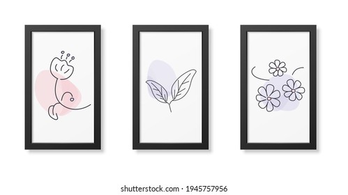 Three minimalist posters of flower , wall decor, flat design,poster design-vector