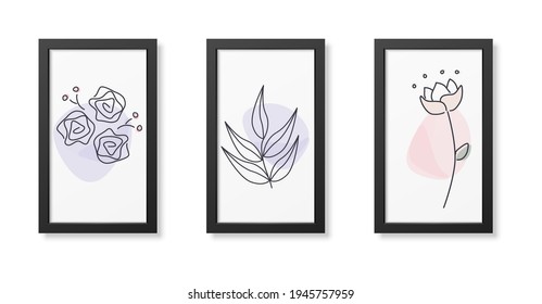 Three minimalist posters of flower , wall decor, flat design,poster design-vector