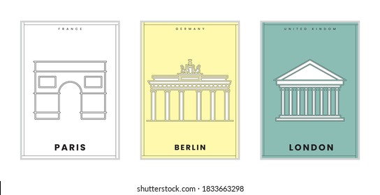 Three minimalist posters of Paris, Berlin, London,wall decor, flat design,poster design-vector
