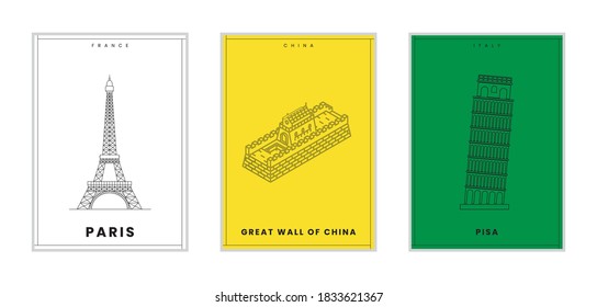 Three minimalist posters of Paris, Great wall of China, Pisa,wall decor, flat design,poster design-vector