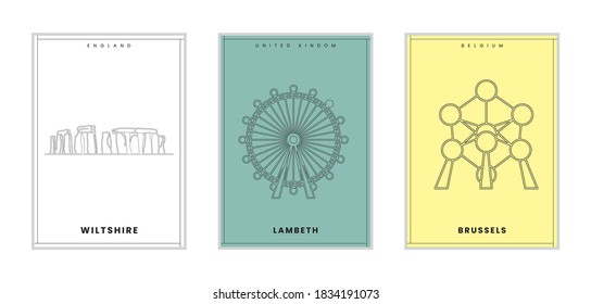 Three minimalist posters of Wiltshire, Lambeth, Brussels,wall decor, flat design,poster design-vector