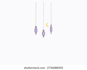 Three minimalist purple paper doll figures hanging on strings against plain light background, soft diffused lighting, clean composition, whimsical playful mood, isolated vector illustration style