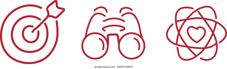 Three minimalist red line icons on a white background: a target with an arrow, binoculars, and an abstract representation of interconnectedness with a heart.