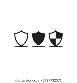 Três ícones de escudo minimalista em preto e branco com simetria variável