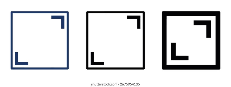 Tres Elementos cuadrados minimalistas en azul, negro y negro delineado, perfectos para el diseño, la interfaz de usuario o los iconos gráficos que simbolizan bordes, marcos o áreas de selección.